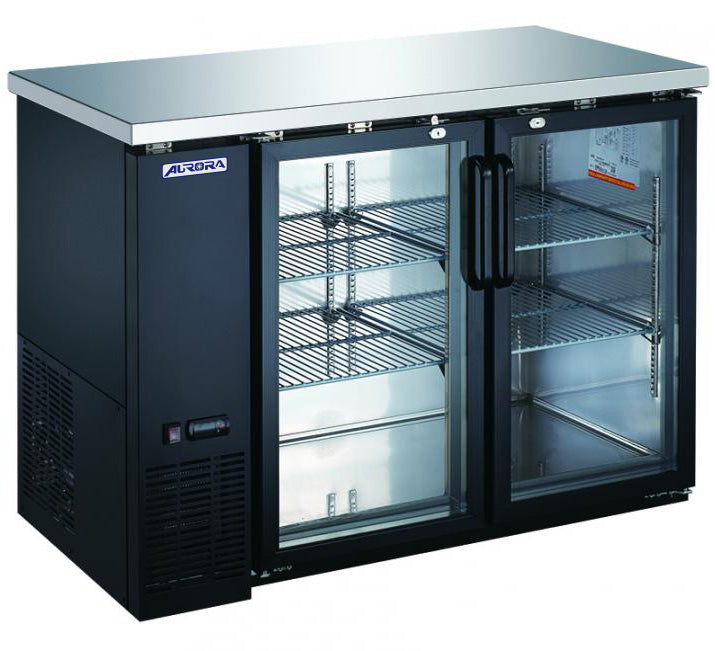 Omcan 59060 back bar cooler, front angle view, glass doors