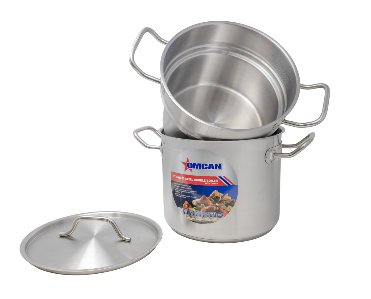 Omcan 80245 Double Boiler, 8-Qt Stainless Steel, Inset Lid & Cover, Handles, Dishwasher Safe | 2 - 8 quart