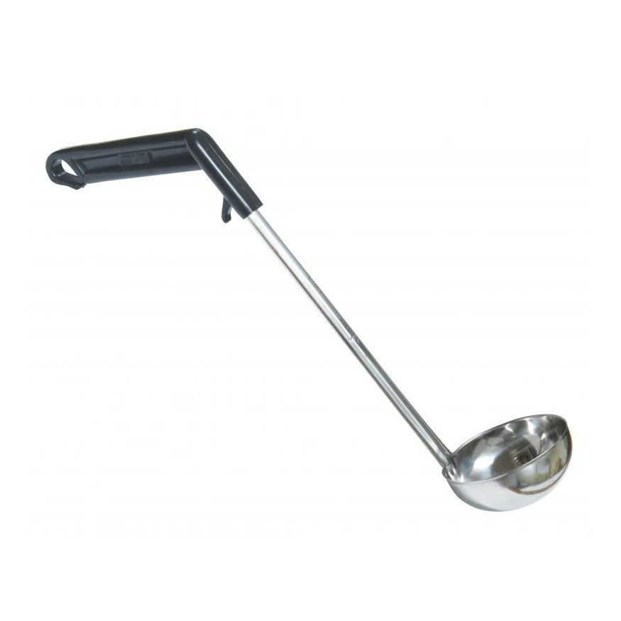 Omcan 80321 Ladle, 4 Oz, 13" Length, 304 Stainless Steel, Black Plastic Handle, Pot Rim Hook | 2 to 5 oz