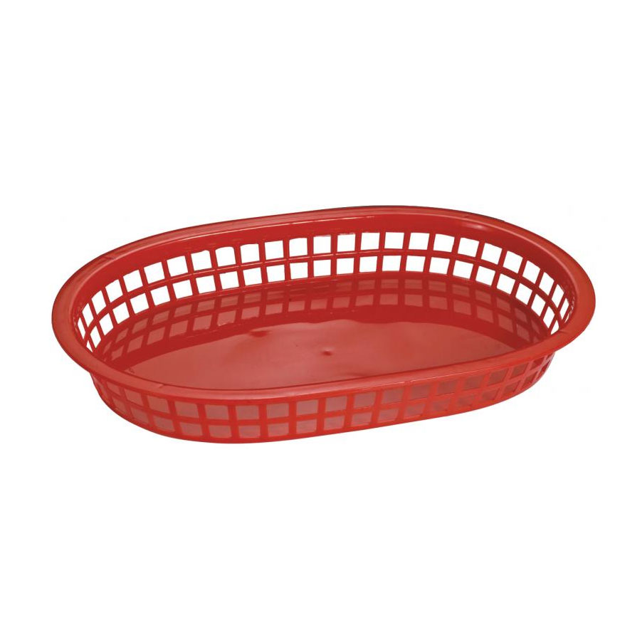 Omcan 80356 Platter Basket - Oval Plastic Serving Tray, 10-3/4" x 7-1/4" x 1-1/2", Red, 9" Size
