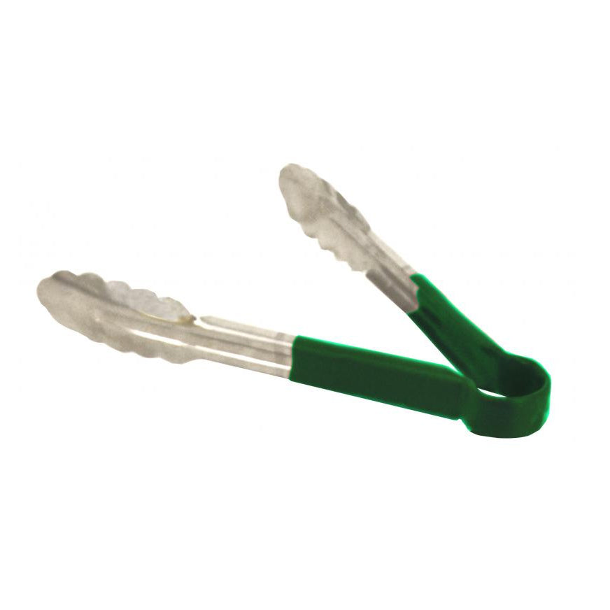 Omcan 80539 Utility Tongs - 9" Stainless Steel with Green Plastic Coated Handle, Gripping Tool