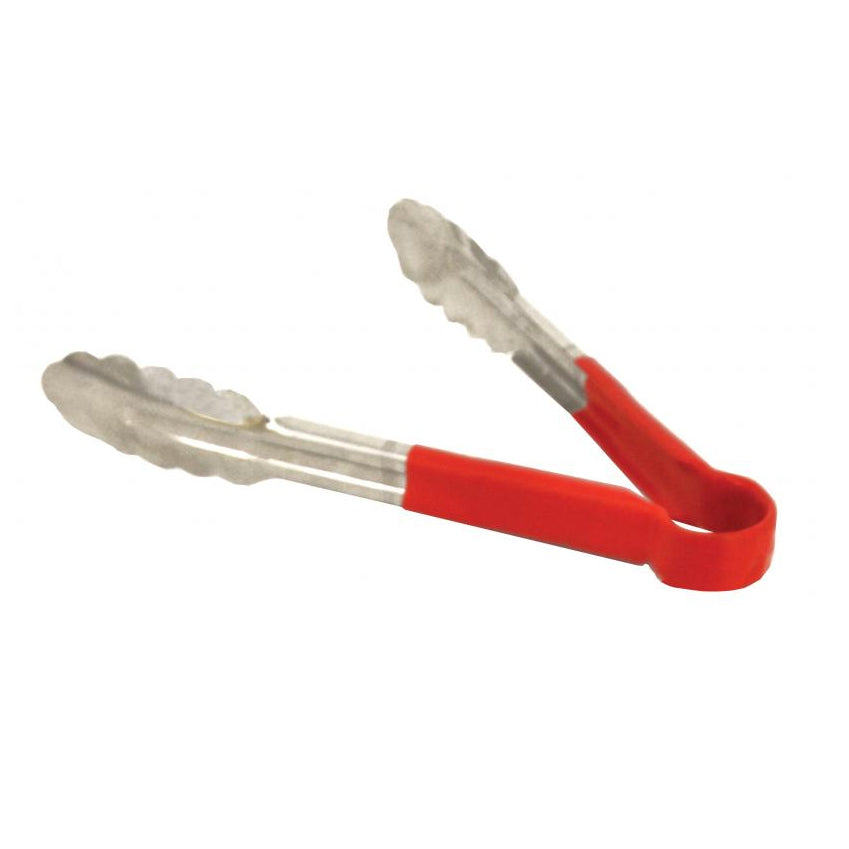 Omcan 80541 Utility Tongs - 9" Stainless Steel Tongs with Red Plastic Coated Handle