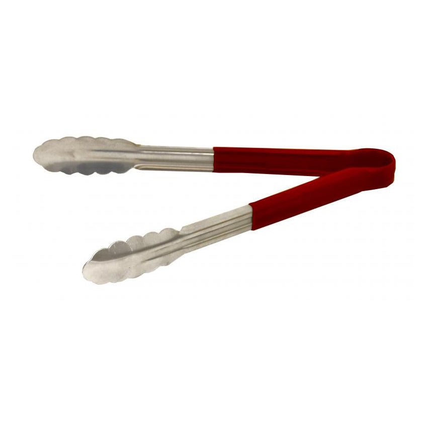 Omcan 80546 Utility Tongs - 12" Stainless Steel with Red Plastic Coated Handle, 12"-13" Length