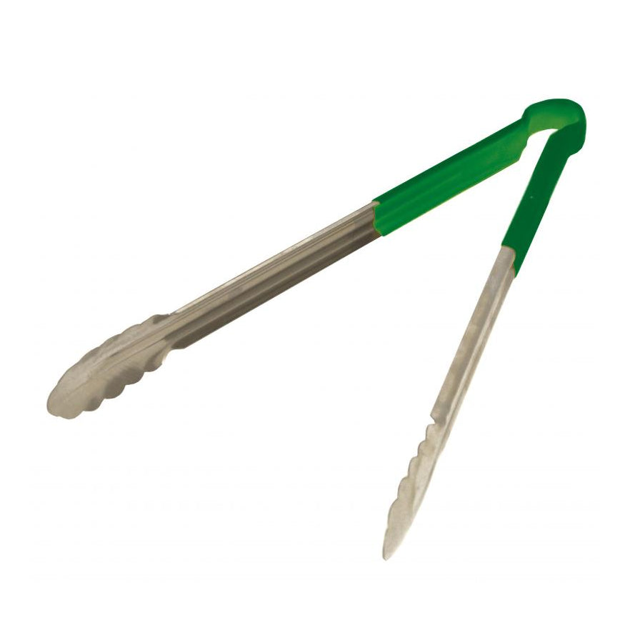 Omcan 80549 Utility Tongs - 14-16" Stainless Steel Tongs with Green Plastic Coated Handle