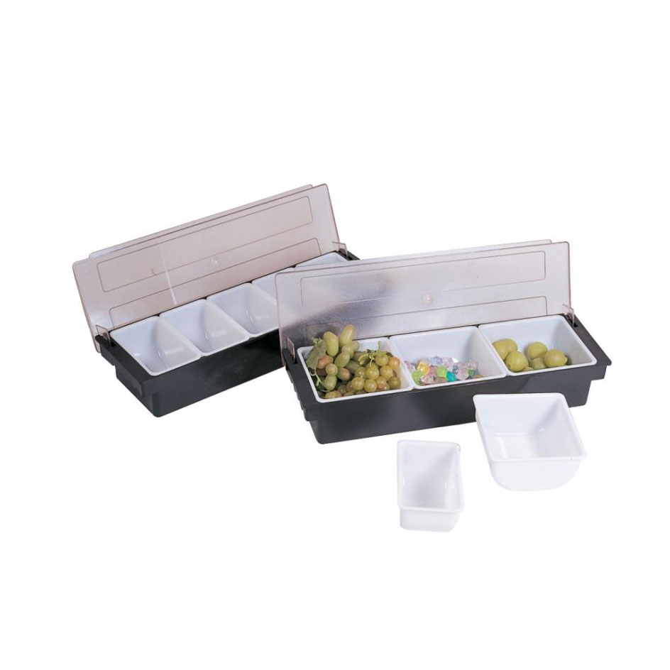 Omcan 80591 5-Compartment Black Condiment Bar, 20"W x 6"D x 3-1/2"H, ABS, Polypropylene Inserts