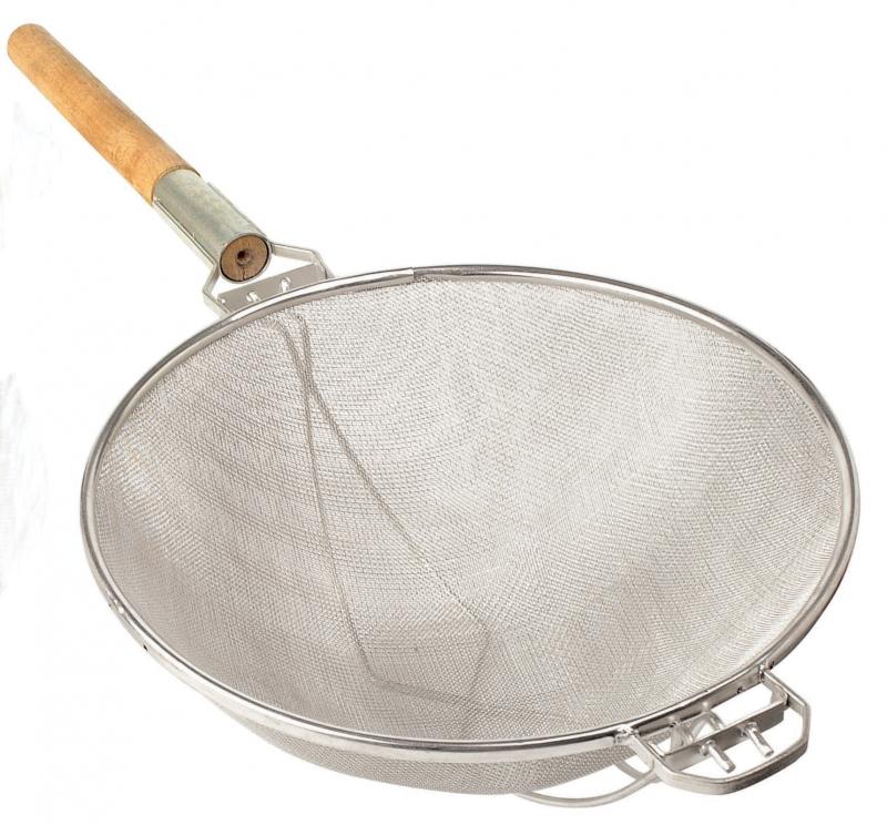 Omcan 81003 Mesh Strainer, 10-1/2" Double Mesh Stainless Steel, Wood Handle, 10" Bowl