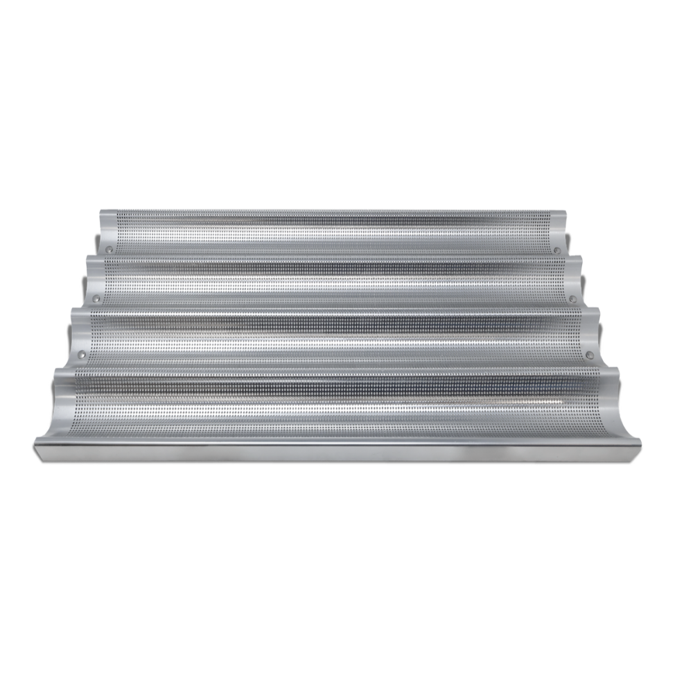 Omcan 81114 Baguette Pan - 4 x 26" x 3-7/8" Compartments, 18" x 26" x 1-1/5" Perforated Aluminum