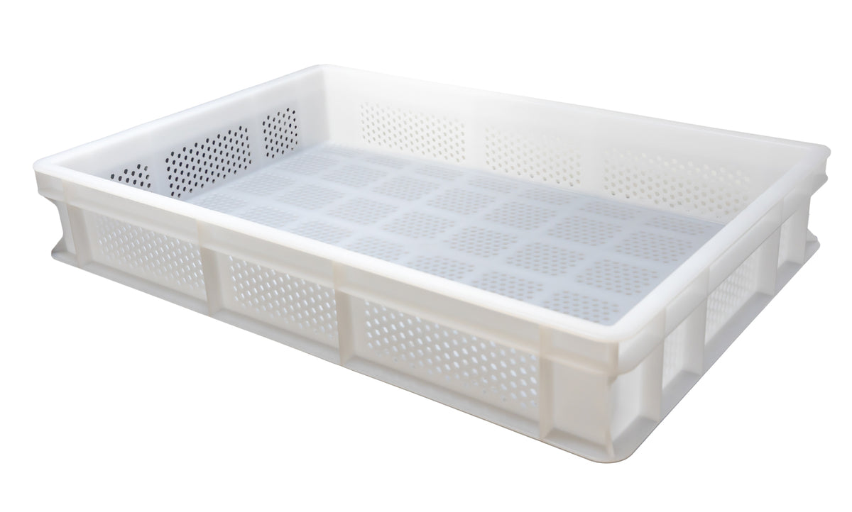 Omcan 81141 Tray, 23.6" x 15.7" x 3.93" White Polypropylene, Perforated Base & Sides, 2-3" Depth