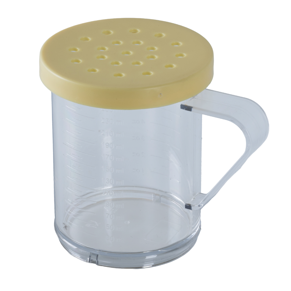 Omcan 81166 Dredge Shaker, 10-Oz Yellow-Lid Polycarbonate, Top With 4 Mm Holes, Handle Included | 10 - 11 oz