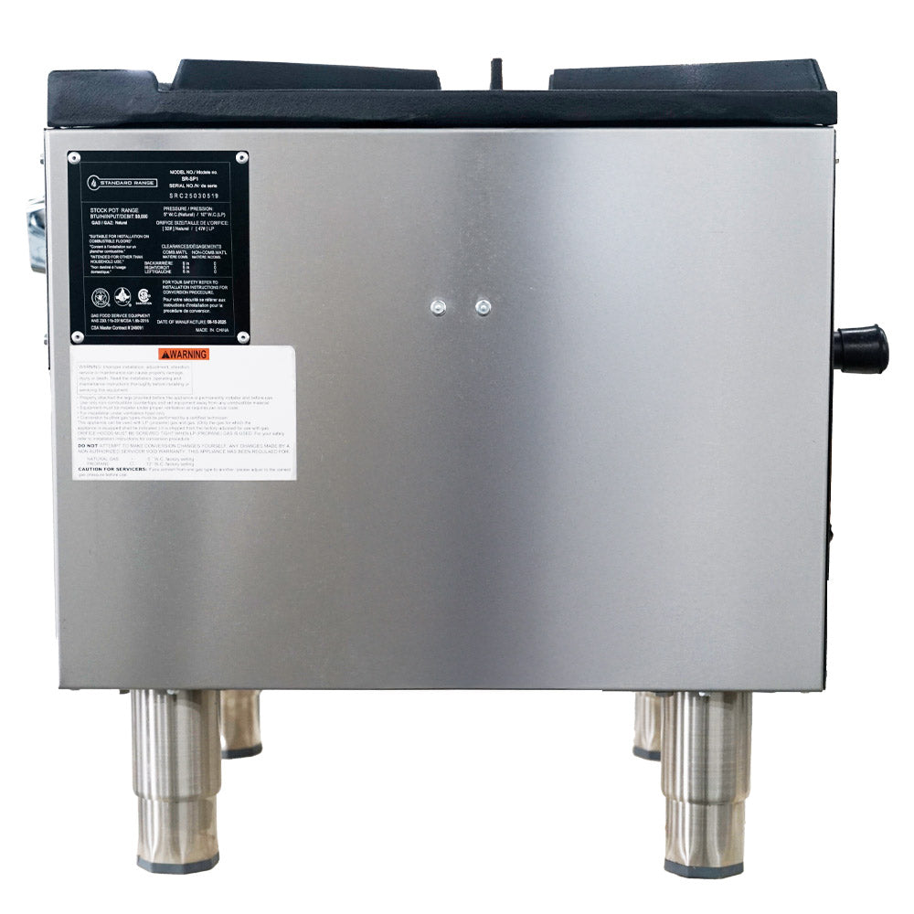 Standard Range SR-SP1 single burner gas stock pot range, side view with data plate