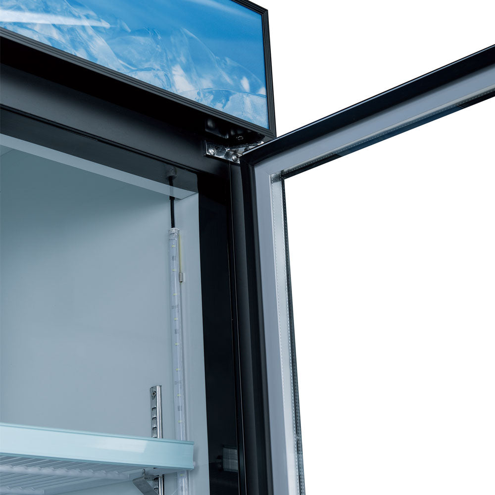Coldline D80-B black glass door merchandiser freezer, close-up of an open door and hinge