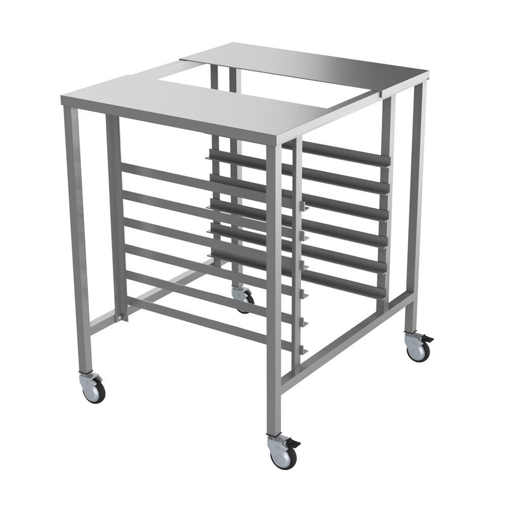 Prepline OS-2528 stainless steel oven stand with cooling racks, side angle view