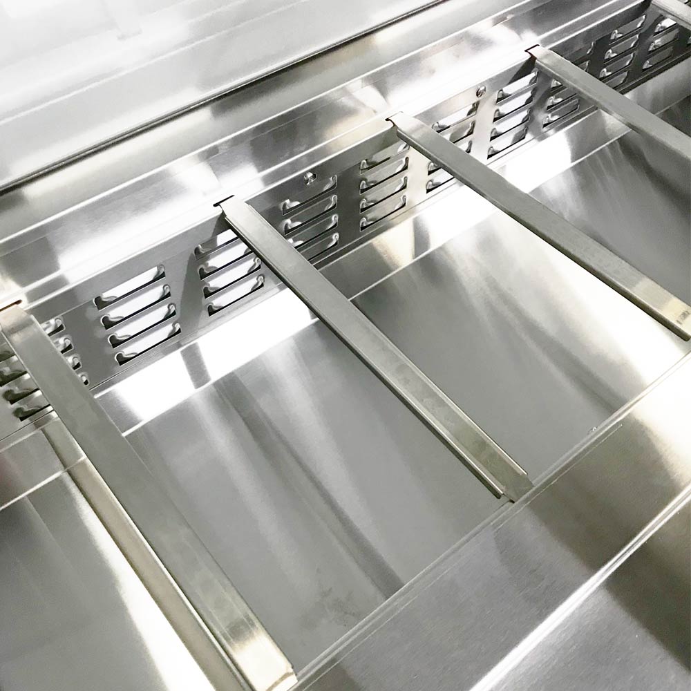 Coldline SP72 sandwich prep table, pan rail without pans, close-up