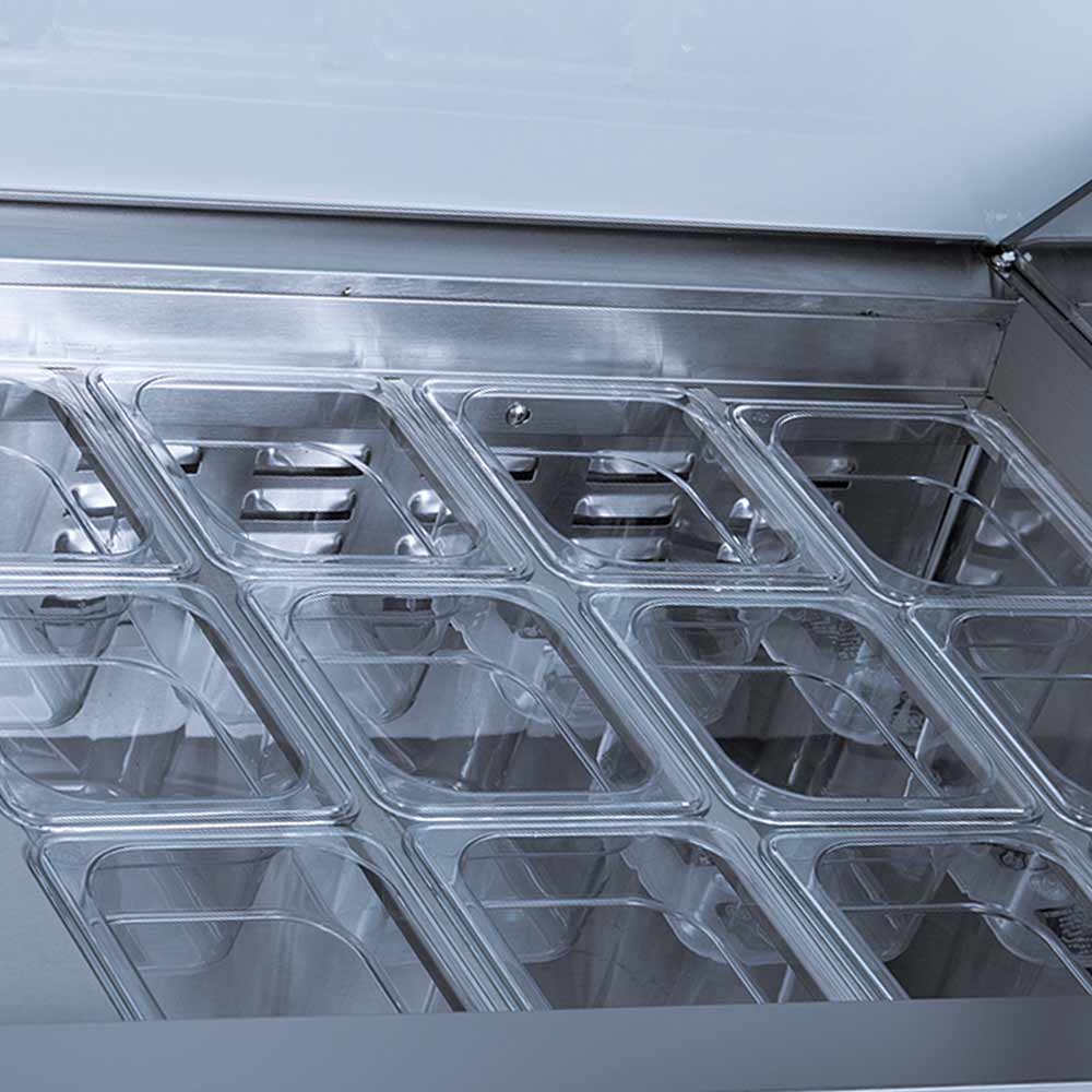 Coldline SMP36 sandwich prep table, clear pans in the rail, close-up