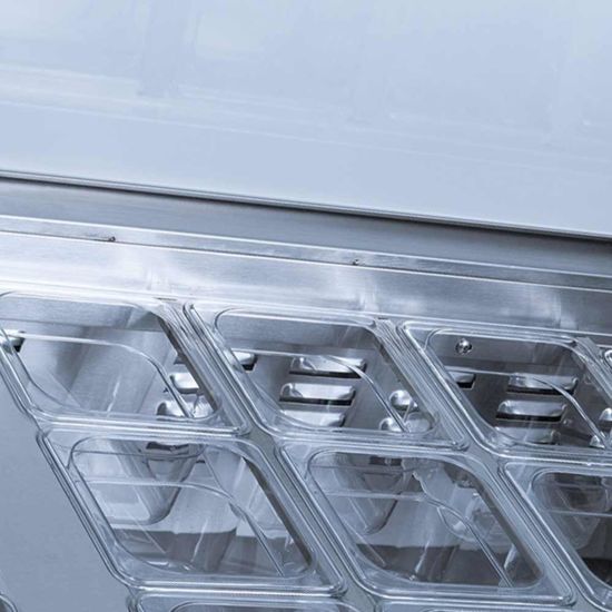 Coldline SMP27 sandwich prep table, clear pans in the rail, close-up