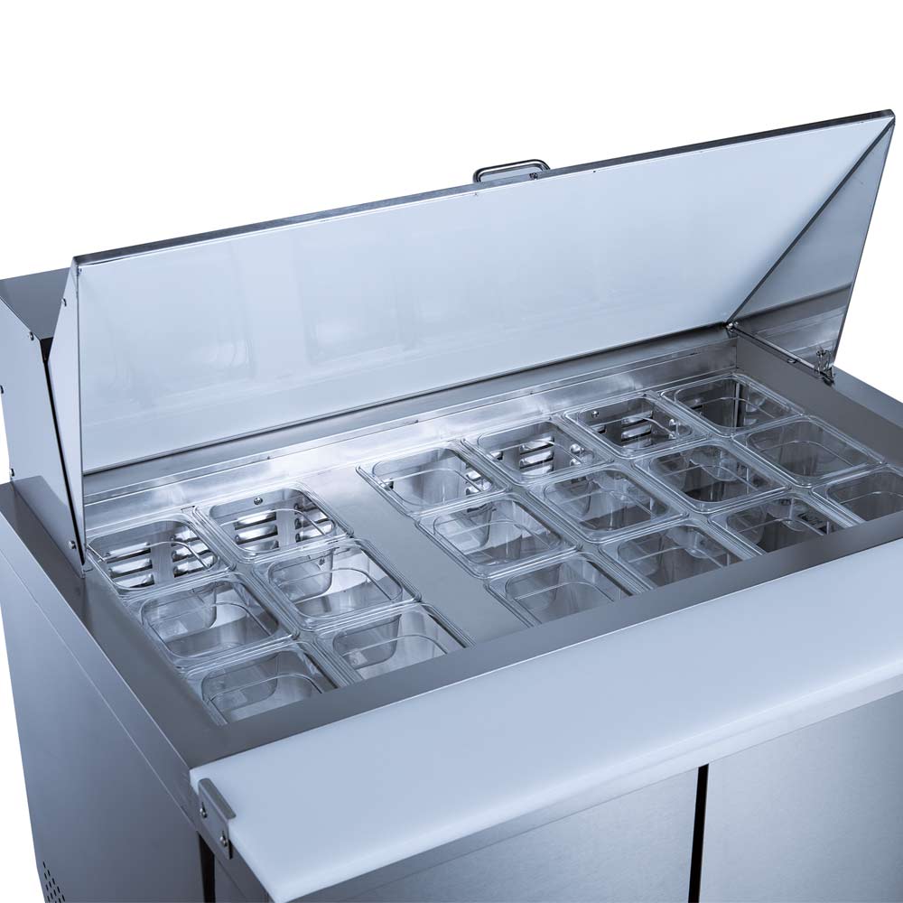 Coldline SMP48 sandwich prep table, clear pans in the rail, close-up