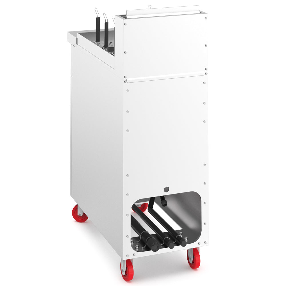 Cookline PC-1-NG gas pasta cooker with six baskets, rear angle view showing the burners and casters