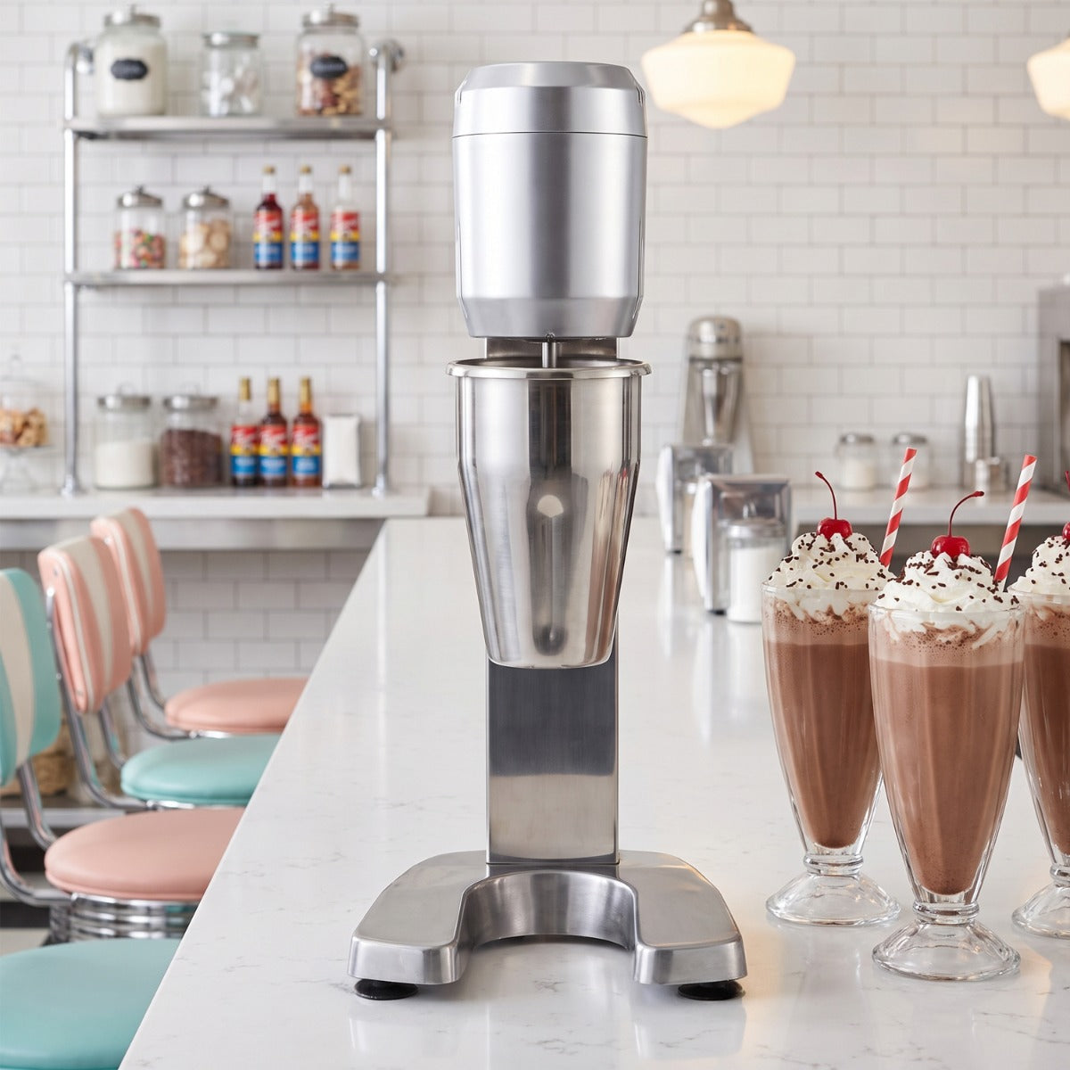 Prepline PDM1 milkshake mixer on a diner counter with milkshakes