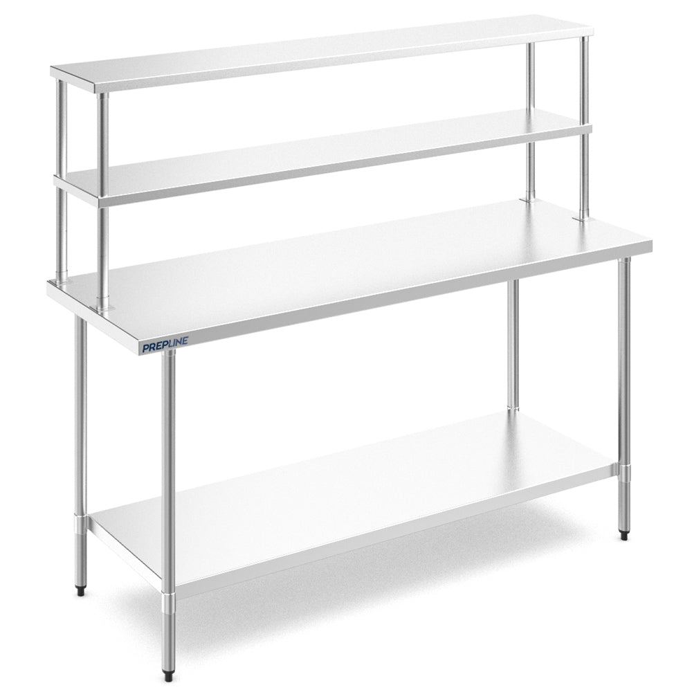 Prepline PDOS-1446-S stainless steel double tier overshelf installed on a work table (representative image)