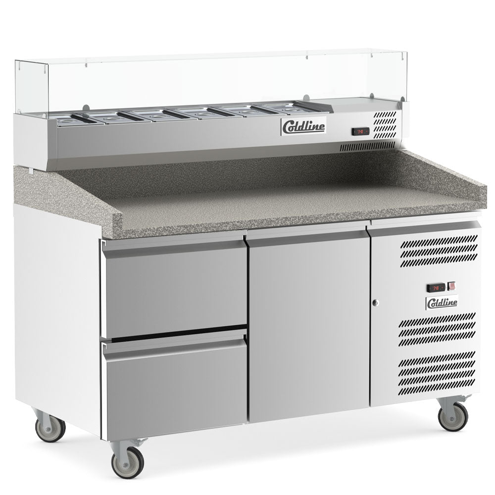 Coldline PDR-60-2D-SG 60" Refrigerated Pizza Prep Dough Retarder with Marble Top, Two Drawers and Refrigerated Glass Topping Rail