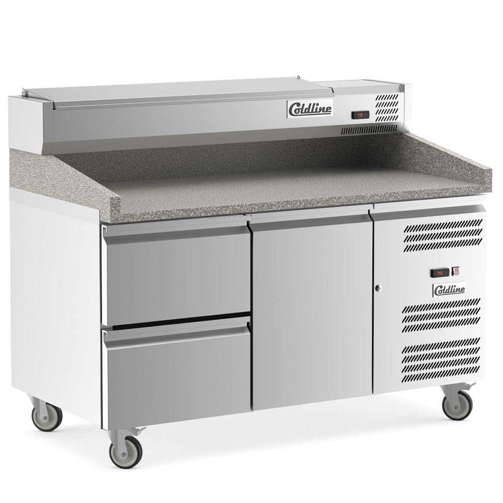 Coldline PDR-60-2D-SS 60" Refrigerated Pizza Prep Dough Retarder with Marble Top, Two Drawers and Refrigerated Stainless Topping Rail