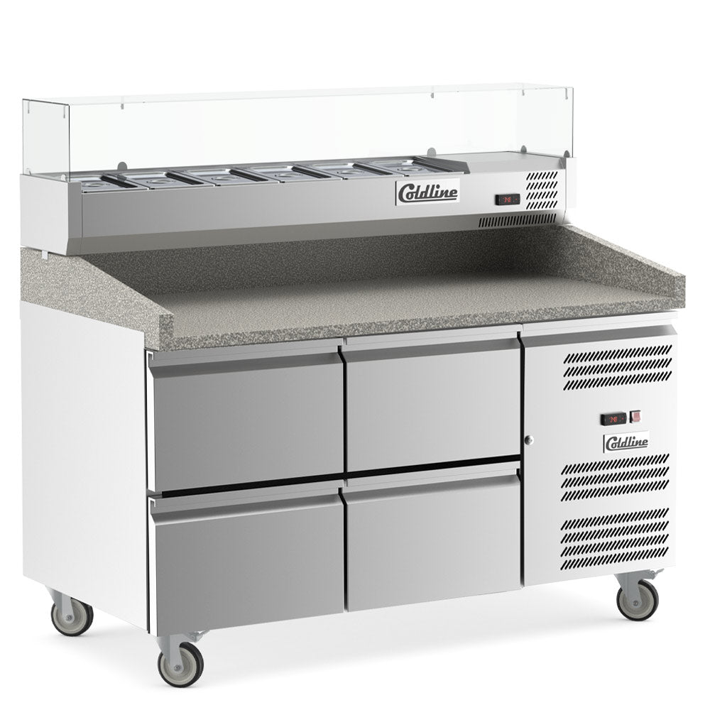 Coldline PDR-60-4D-SG 60" Refrigerated Pizza Prep Dough Retarder with Marble Top, Four Drawers and Refrigerated Glass Topping Rail