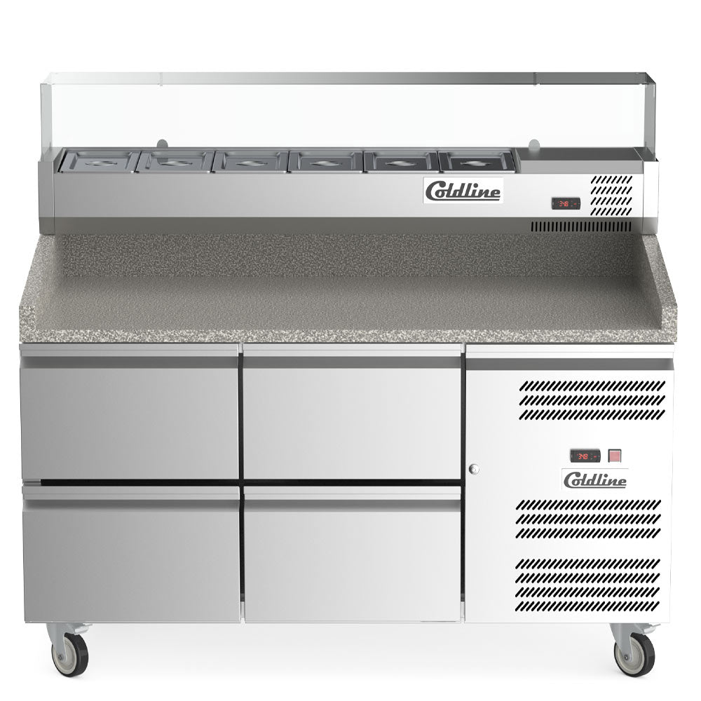 Coldline PDR-60-4D-SG 60" Refrigerated Pizza Prep Dough Retarder with Marble Top, Four Drawers and Refrigerated Glass Topping Rail