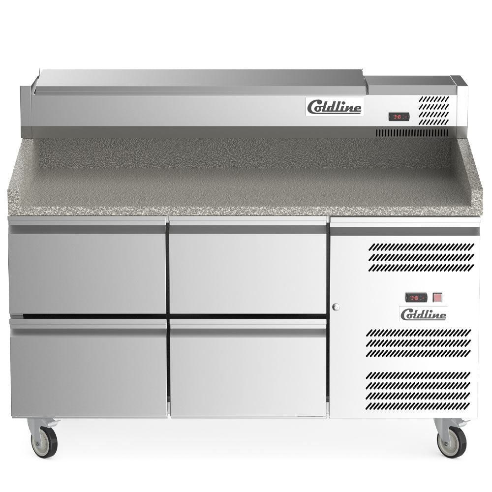 Coldline PDR-60-4D-SS 60" Refrigerated Pizza Prep Dough Retarder with Marble Top, Four Drawers and Refrigerated Stainless Topping Rail