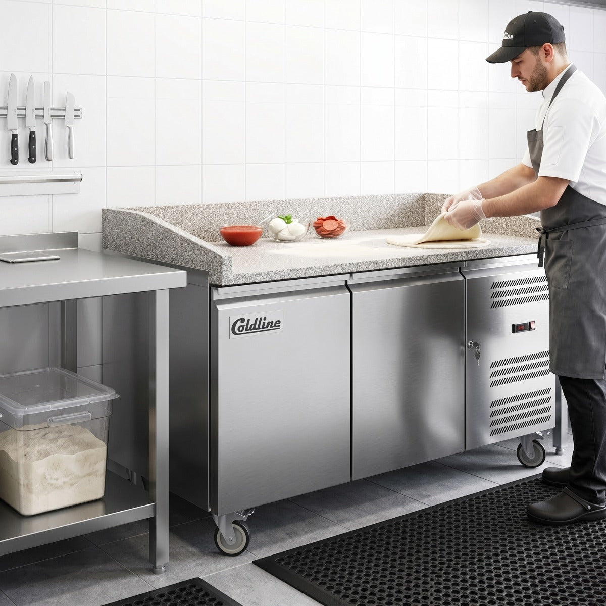 Coldline PDR-60 refrigerated pizza prep table with marble top, in use in a pizzeria (representative image)