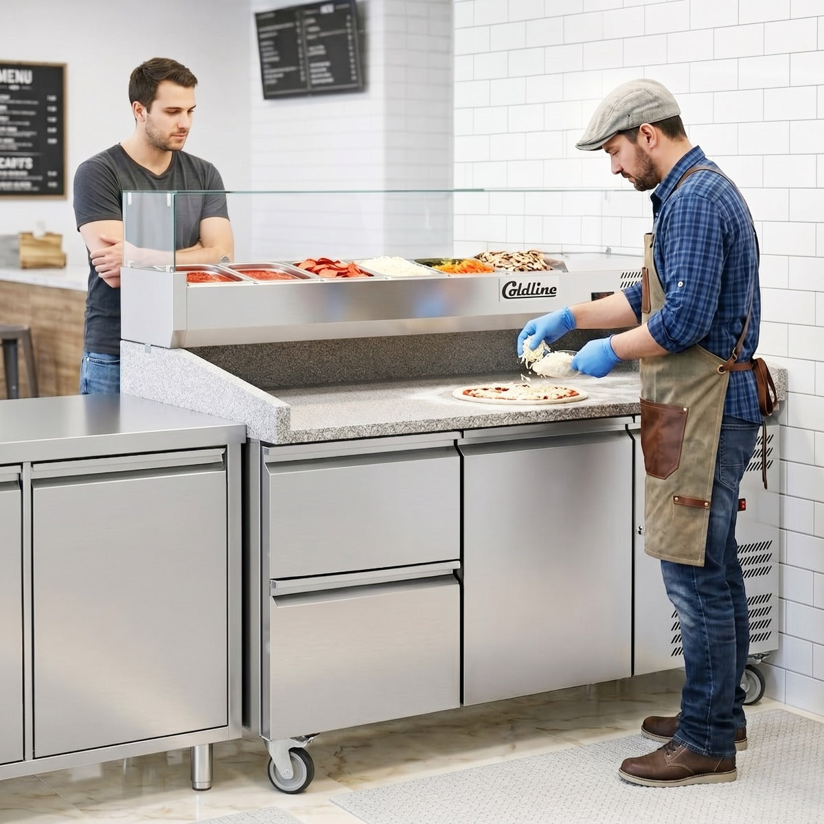 Coldline PDR-60-2D-SG 60" Refrigerated Pizza Prep Dough Retarder with Marble Top, Two Drawers and Refrigerated Glass Topping Rail