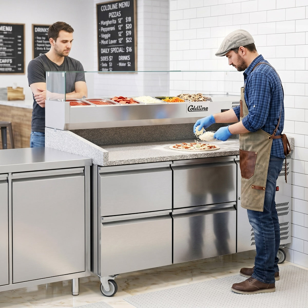Coldline PDR-60-4D-SG 60" Refrigerated Pizza Prep Dough Retarder with Marble Top, Four Drawers and Refrigerated Glass Topping Rail
