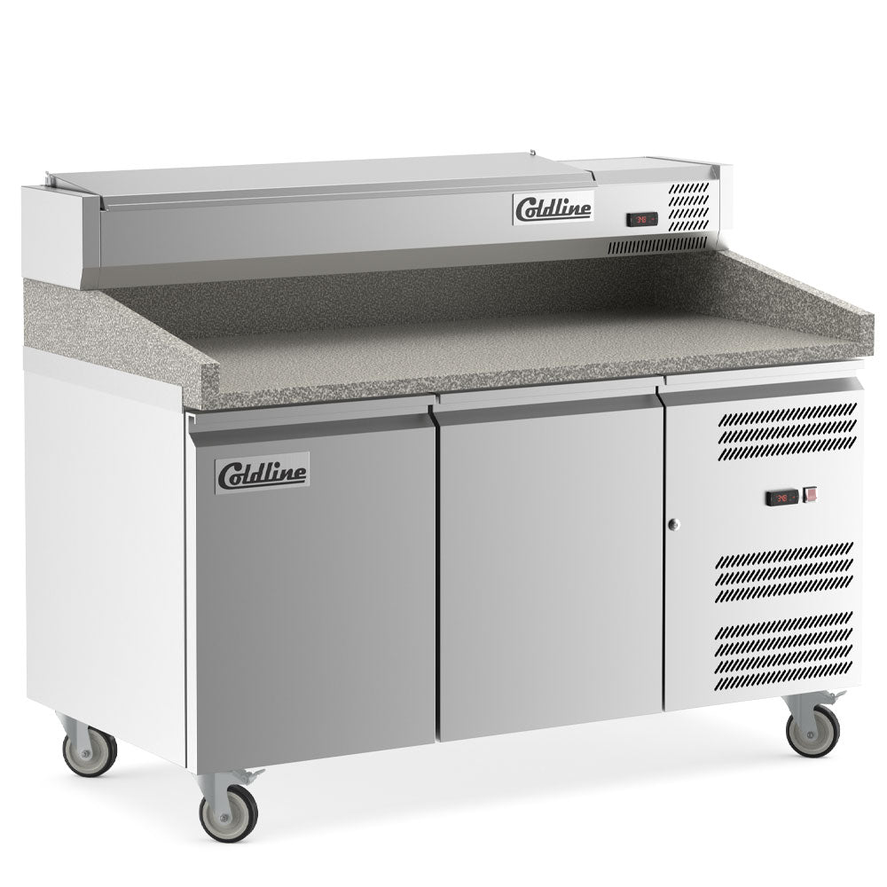 Coldline PDR-60-SS refrigerated pizza prep table with marble top, angled front view