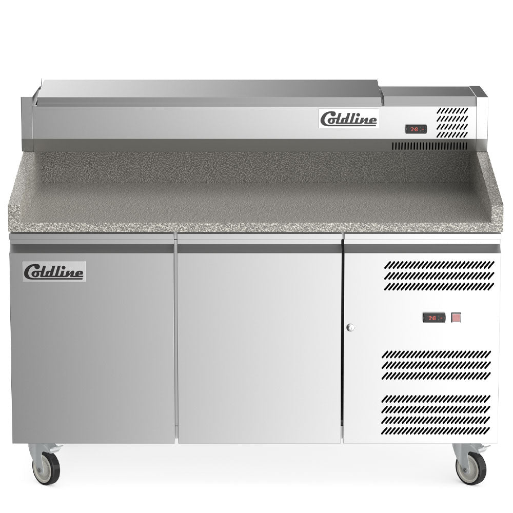 Coldline PDR-60-SS refrigerated pizza prep table with marble top, front view