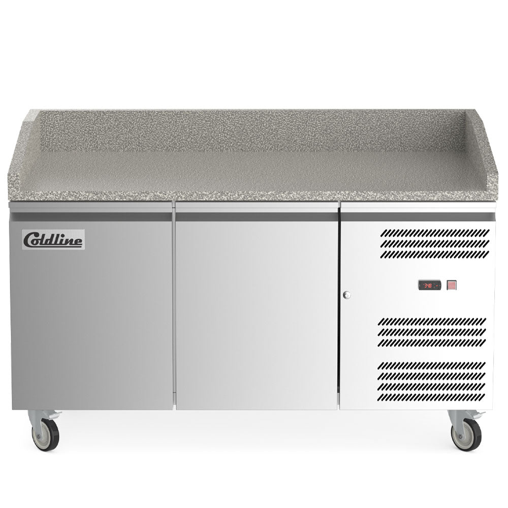 Coldline PDR-60 refrigerated pizza prep table with marble top, front view
