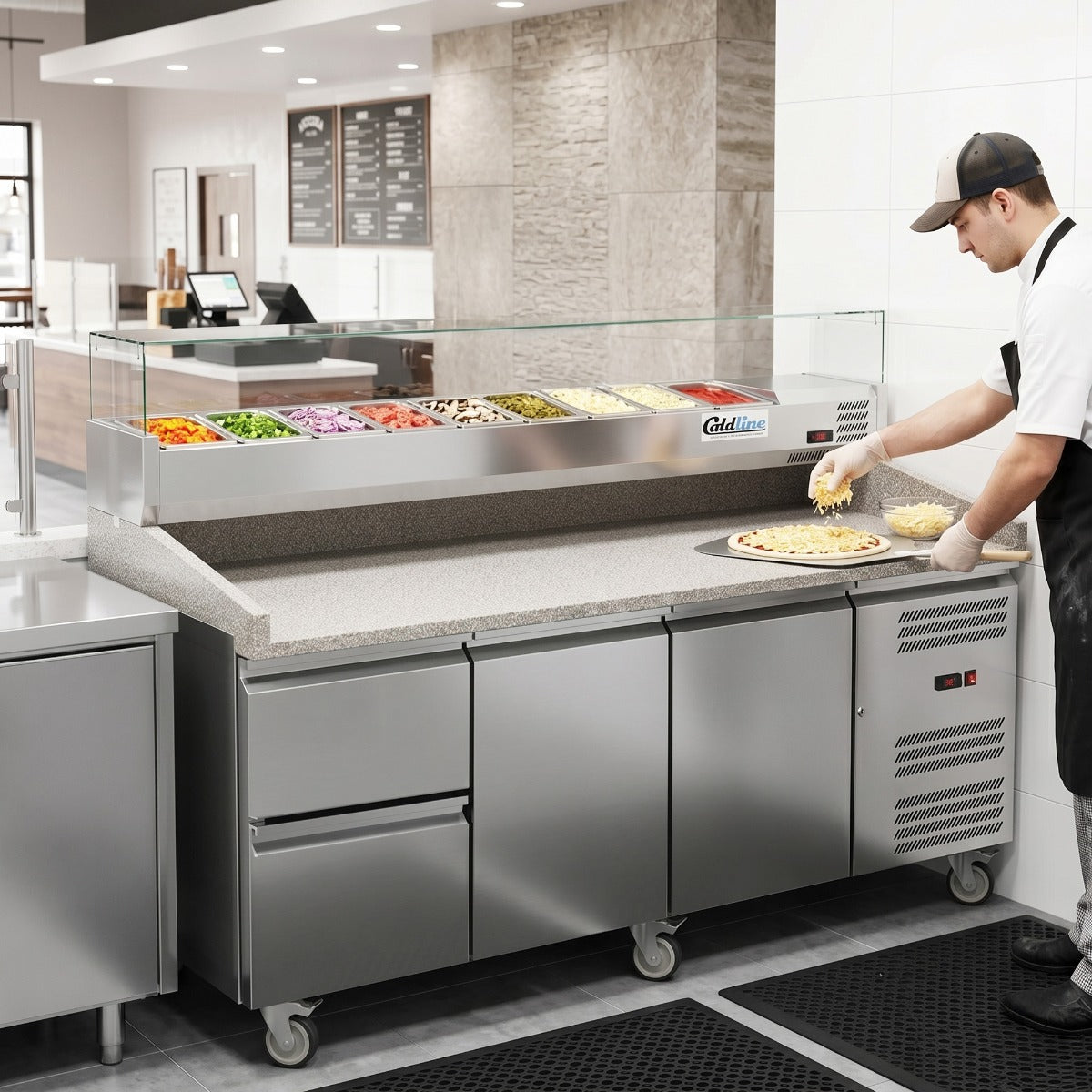 Coldline PDR-80N-2D-SG 80" Refrigerated Pizza Prep Dough Retarder with Marble Top, Two Drawers and Refrigerated Glass Topping Rail