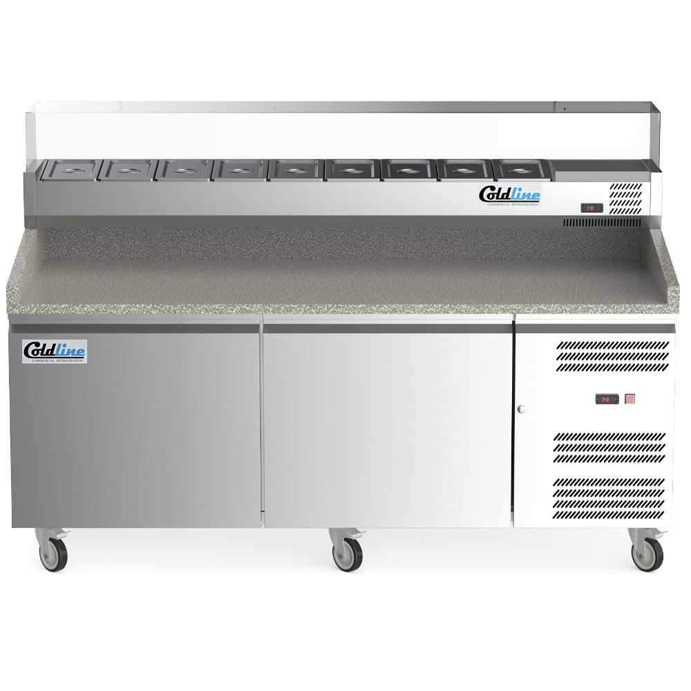 Coldline PDR-80W-SG 80" Two Door Refrigerated Pizza Prep Dough Retarder with Refrigerated Glass Topping Rail