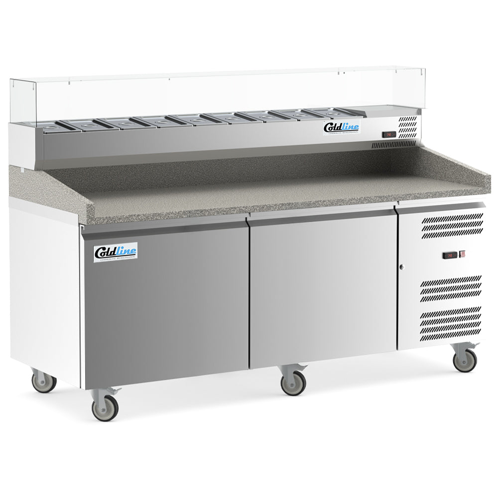 Coldline PDR-80W-SG 80" Two Door Refrigerated Pizza Prep Dough Retarder with Refrigerated Glass Topping Rail