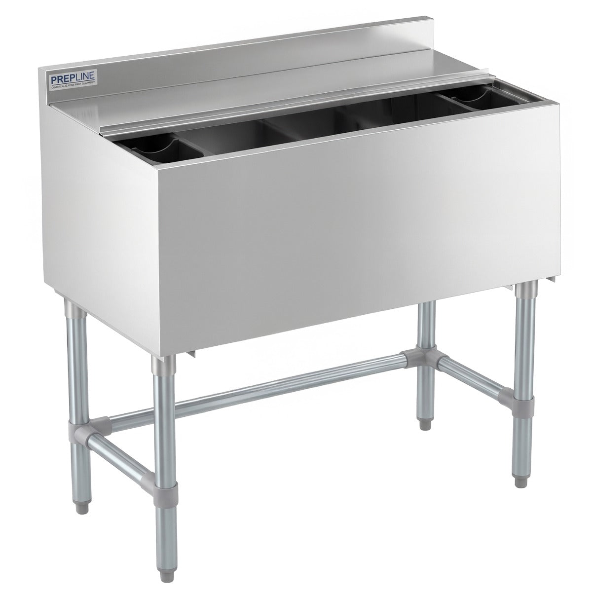 Prepline PIB183612L underbar ice bin, angled front view