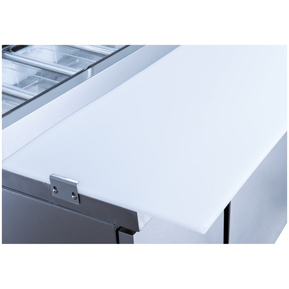 Coldline CPT-92 refrigerated pizza prep table, refrigerated pan rail, close-up