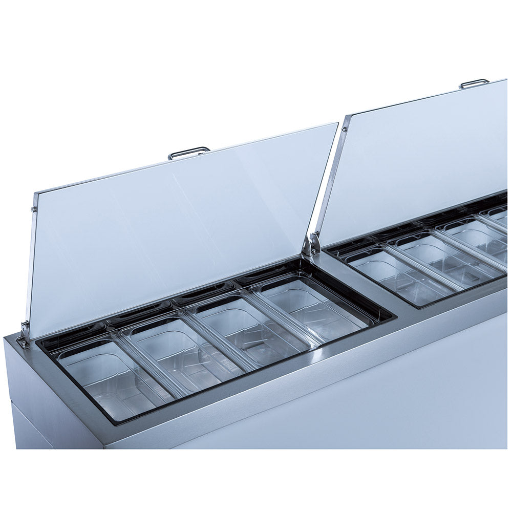 Coldline CPT-72 refrigerated pizza prep table, rail lid open over the pans