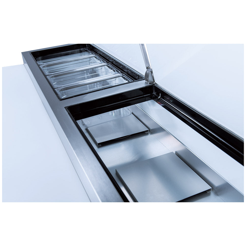 Coldline CPT-44 refrigerated pizza prep table, refrigerated pan rail, close-up