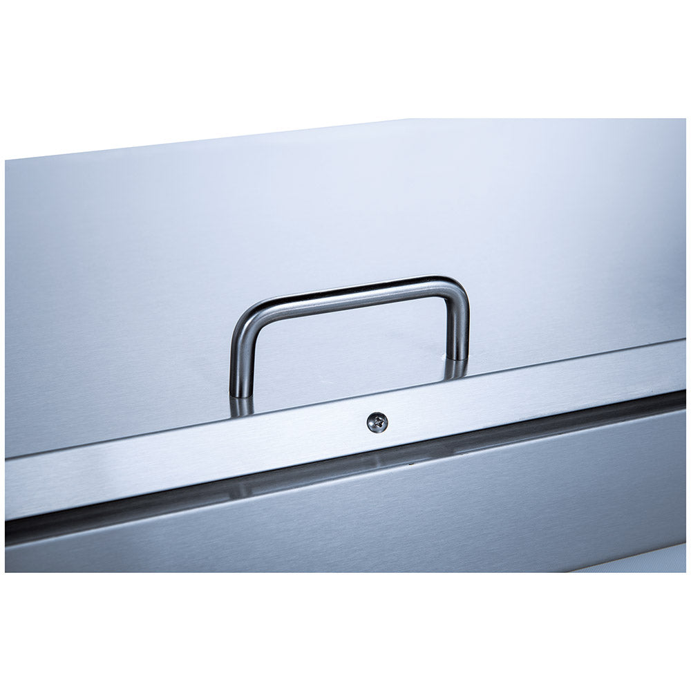Coldline CPT-92 refrigerated pizza prep table, insulated rail lid handle, close-up