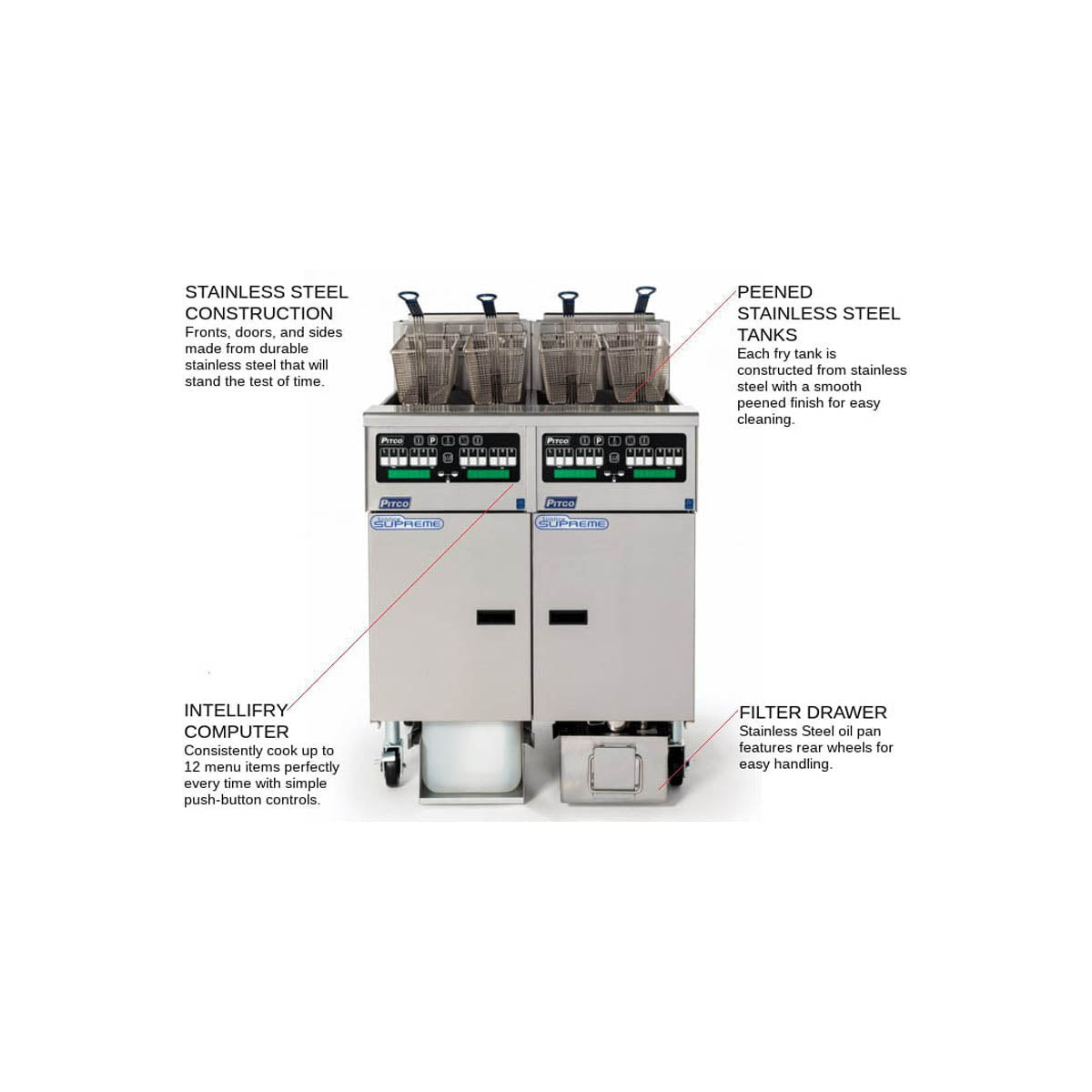 Pitco SELV14C/184/FD (1) 30 lb and (1) 40-lb Commercial Electric Fryer — Computer Controls, Built-In Filter