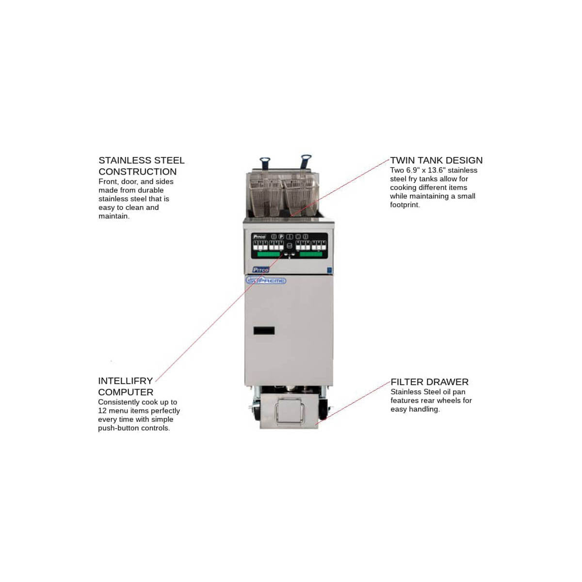 Pitco SELV14T-C/FD 15 lbs each-lb Commercial Electric Fryer — Computer Controls, Built-In Filter