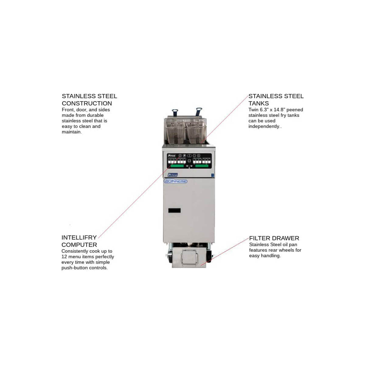 Pitco SELV14TX-C/FD 15 lbs each-lb Commercial Electric Fryer — Computer Controls, Built-In Filter