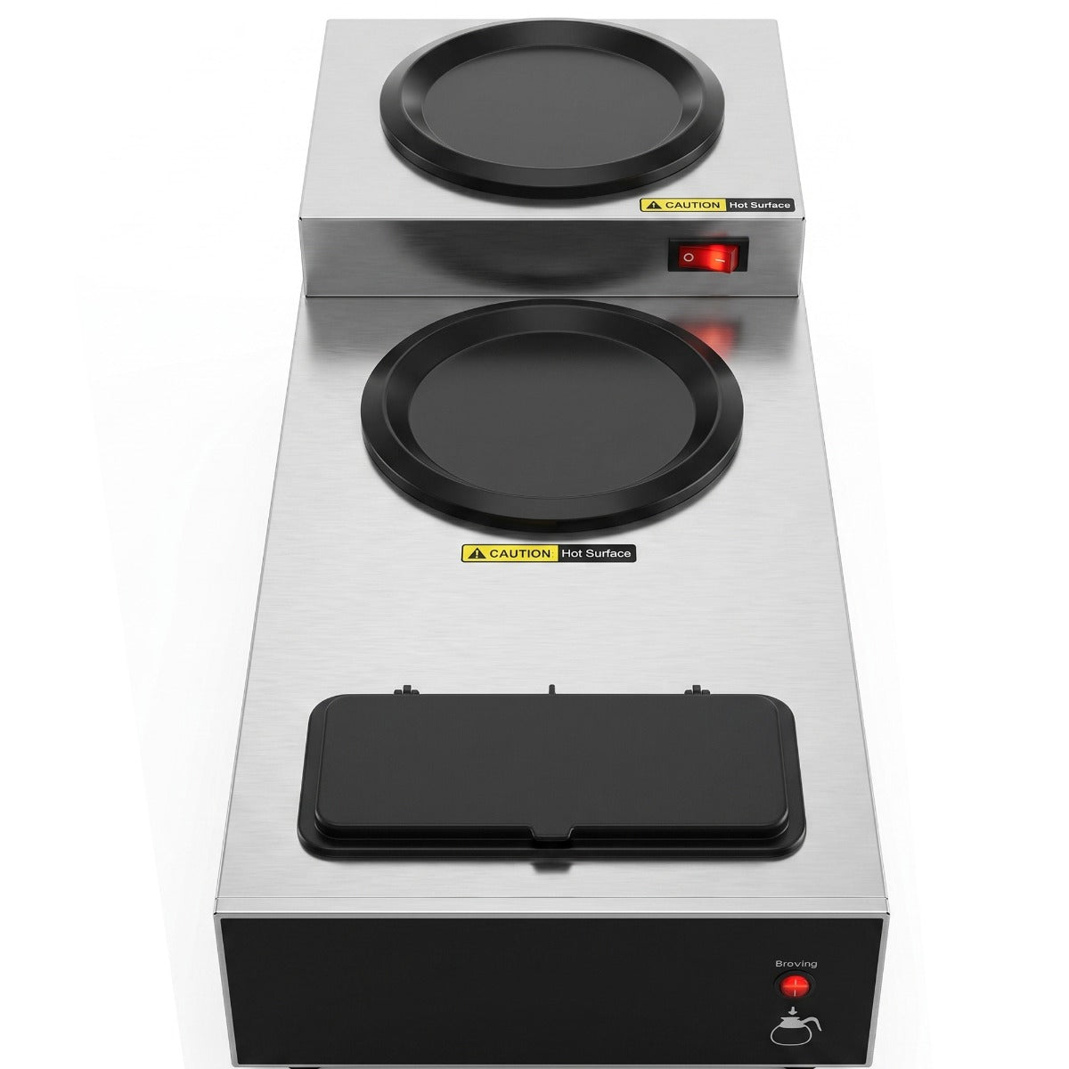 Prepline CAFE-3D coffee maker, top view with warmers and brew basket