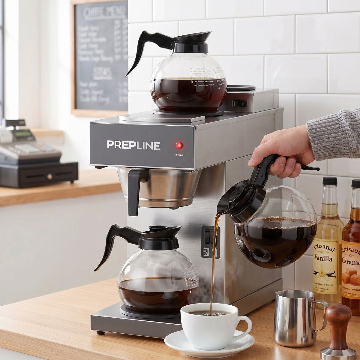 Prepline CAFE-3D coffee maker, pouring coffee, lifestyle