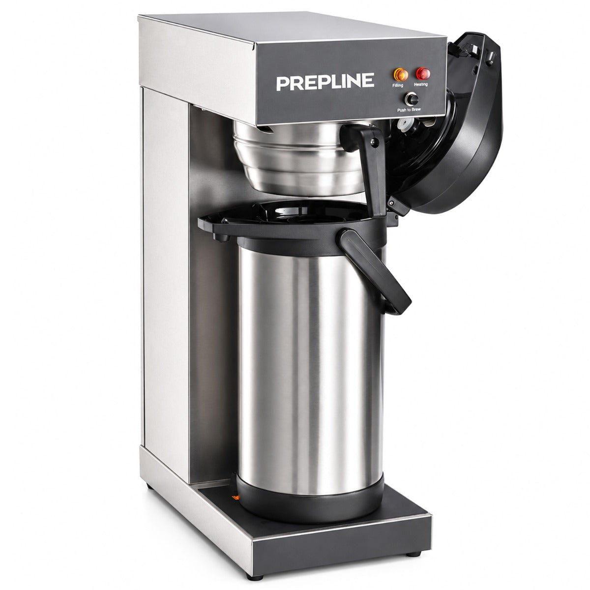 Prepline CAFE-1W automatic airpot coffee brewer, angle view with airpot