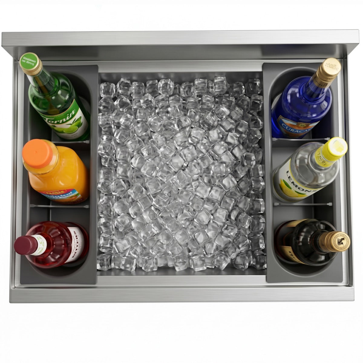 Prepline PIB183612 underbar ice bin, bowl with ice and bottles in the bottle holders, top view (representative image)