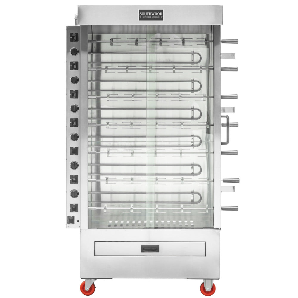 Southwood RE7 electric 7-spit chicken rotisserie oven, front view with spits and heating elements